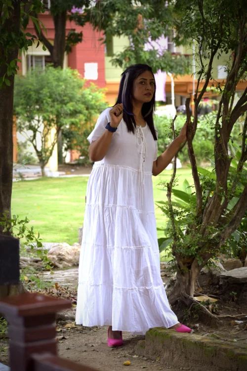 SUNDOWNERS COURSE -Magnificent handcrafted Long Boho Styled Designer Dress in Premium Muslin Cotton ,Limited Edition White Dress for Summer. - Image 7