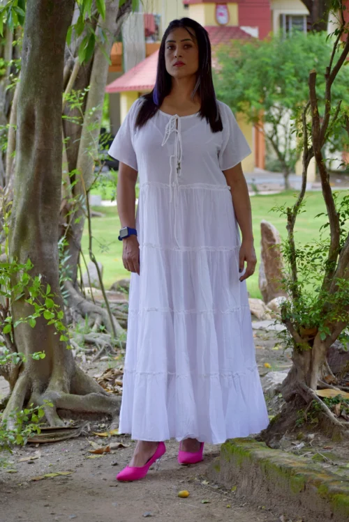 SUNDOWNERS COURSE -Magnificent handcrafted Long Boho Styled Designer Dress in Premium Muslin Cotton ,Limited Edition White Dress for Summer. - Image 3